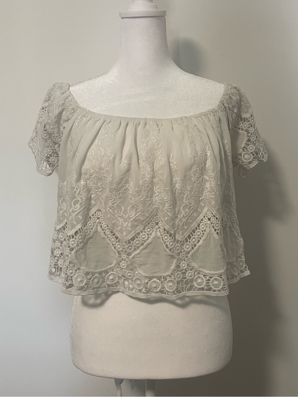 Lucy Paris Cream Embroidered Off-Shoulder Crop Top